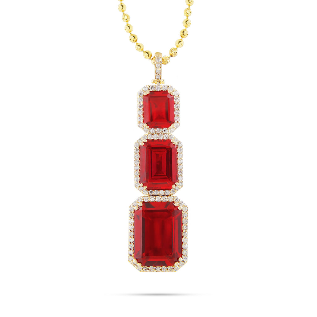 10k Yellow Gold 3.2ct Diamond Triple Ruby Pendant
