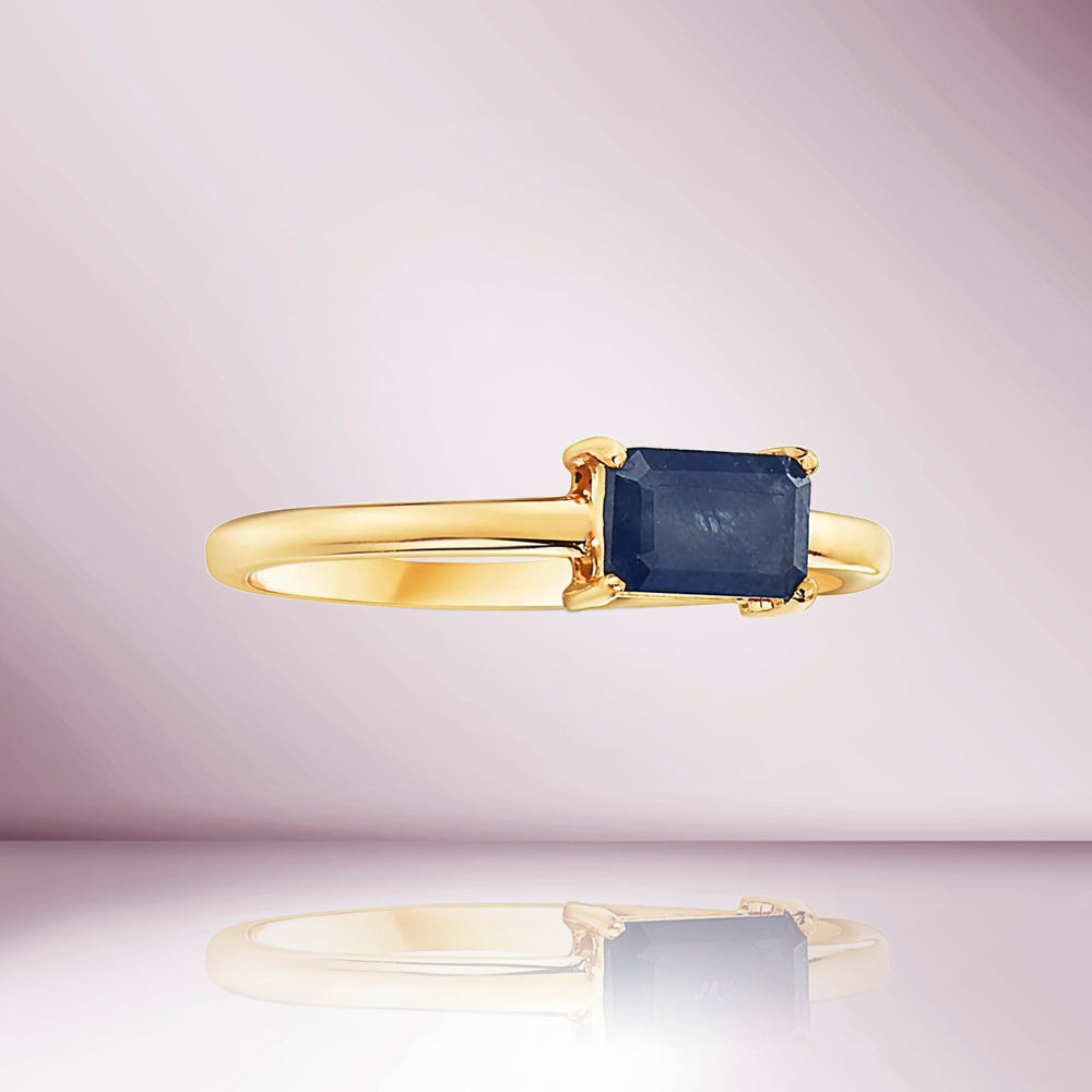 Emerald Cut Blue Sapphire Solitaire Ring (0.89 ct,) 4-Prongs Setting in 14K Gold
