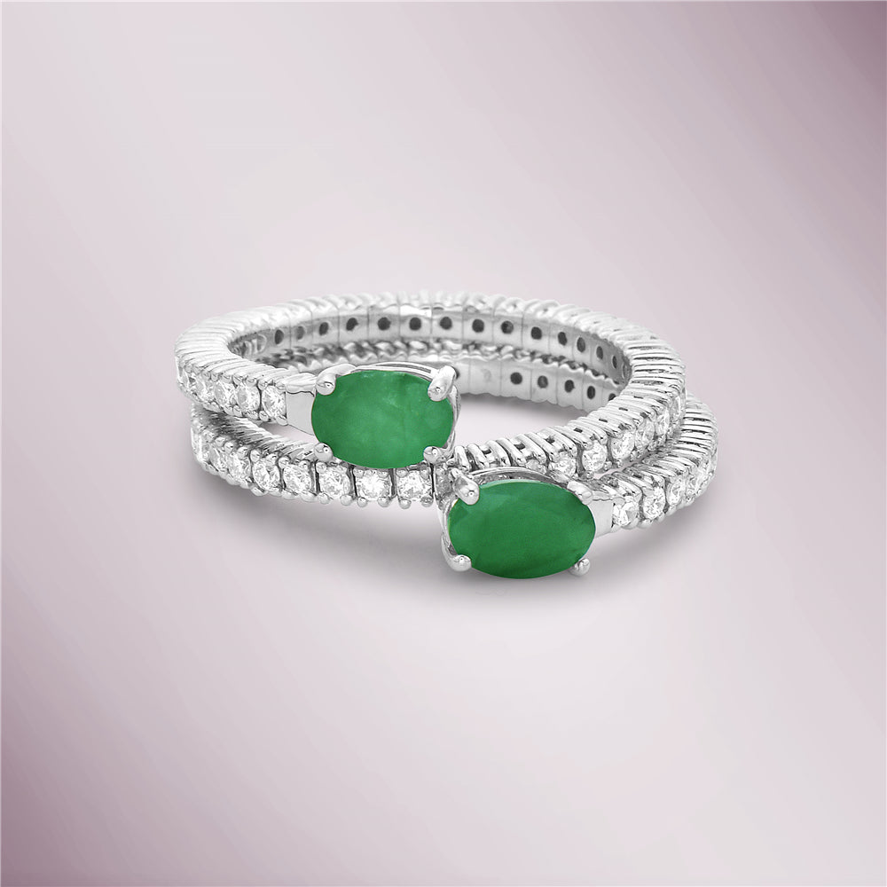 Oval Cut Emerald & Diamond Flexible Double Band Ring (1.56 ct.) 4-Prongs Setting in 14K Gold