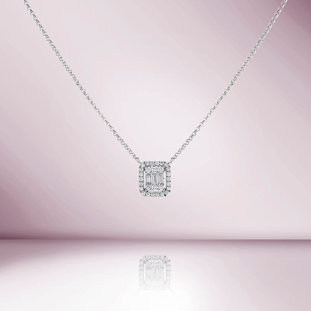Double Halo Baguette Diamond Rectangular Shape Necklace (0.28 ct.) in 14K Gold