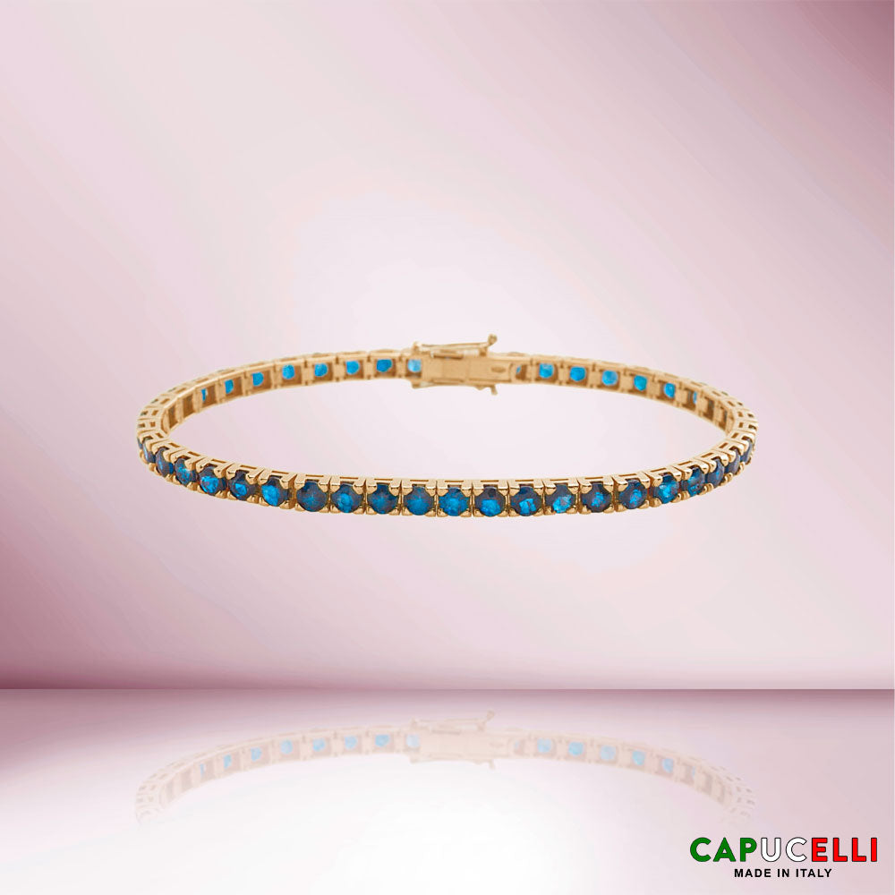 Blue Heat-Diffused Sapphire Tennis Bracelet (10.15 ct.) 4-Prongs Setting in 18K Gold, Made in Italy