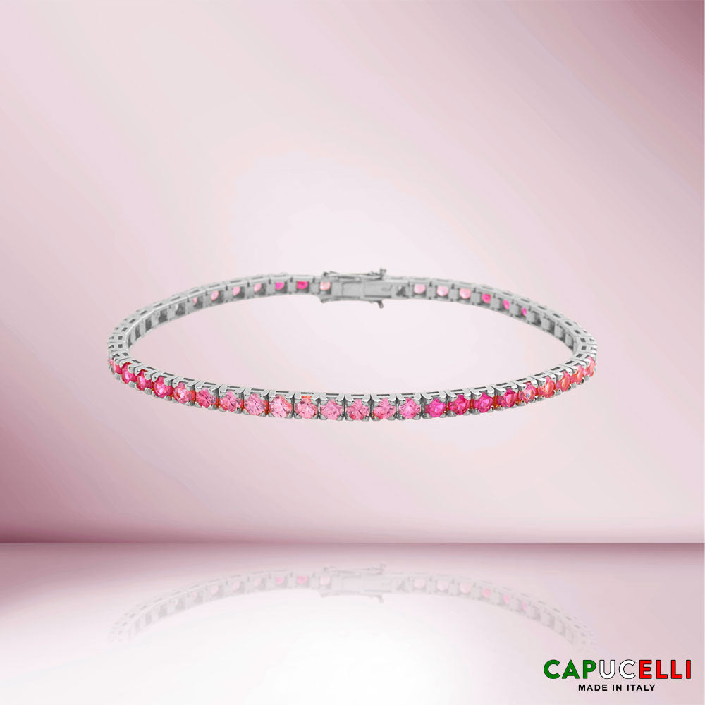 Pink Shaded Sapphires Tennis Bracelet (11.50 ct.) 4-Prongs Setting in 18K Gold, Made In Italy