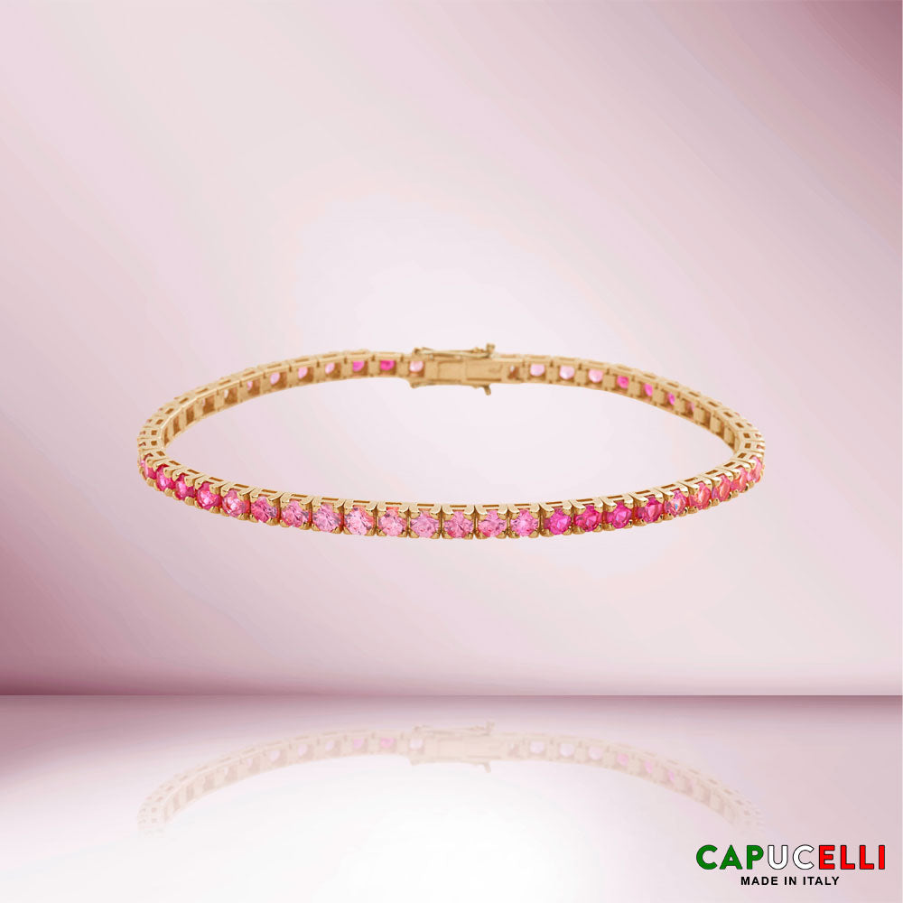 Pink Shaded Sapphires Tennis Bracelet (11.50 ct.) 4-Prongs Setting in 18K Gold, Made In Italy