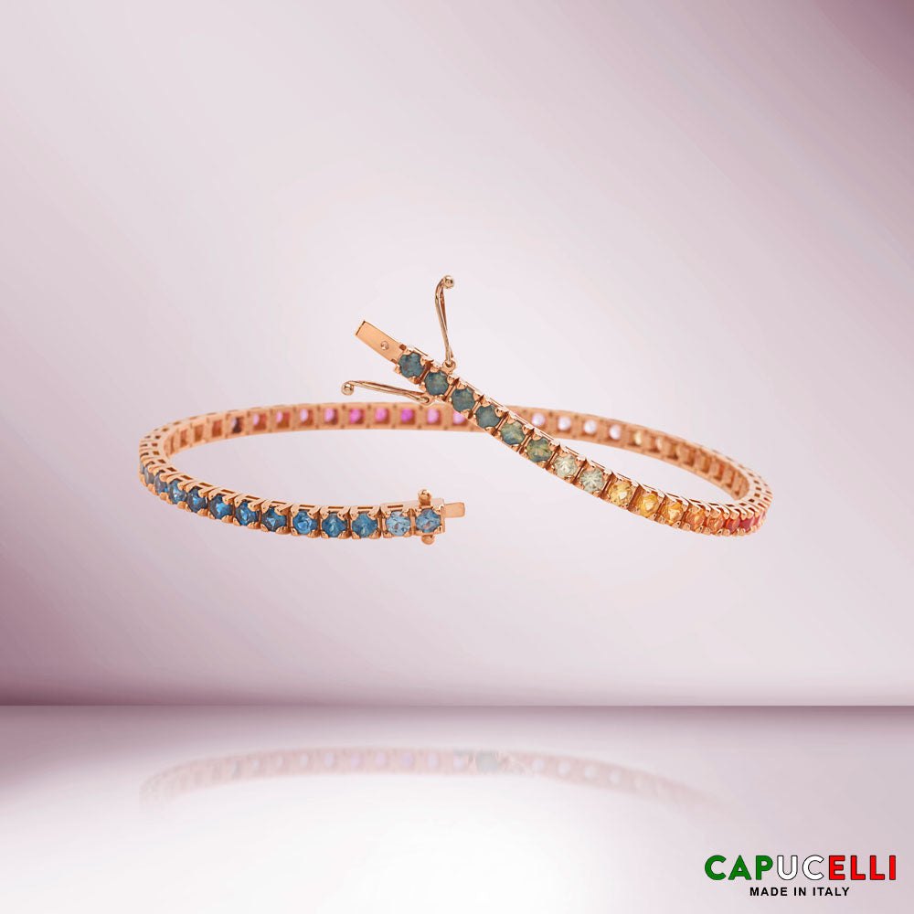 Multicolor Sapphire Tennis Bracelet (5.50 ct.) 4-Prongs Setting in 18K Gold, Made In Italy