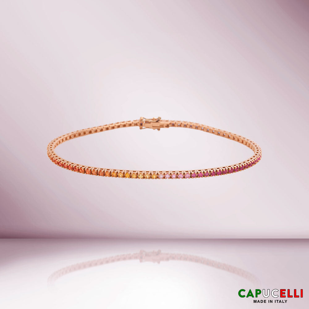 Multicolor Sapphire Tennis Bracelet ( 2.50 ct.) 4-Prongs Setting in 18K Gold, Made In Italy