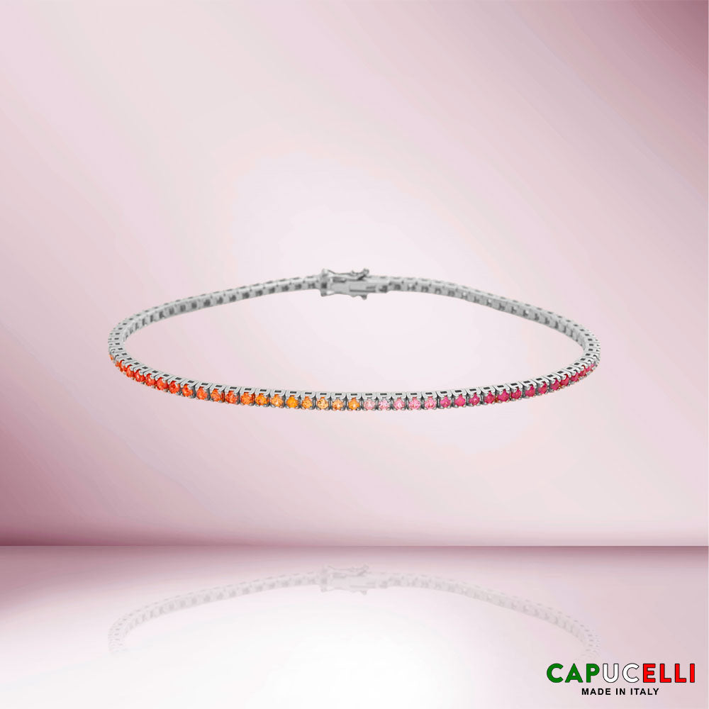 Multicolor Sapphire Tennis Bracelet ( 2.50 ct.) 4-Prongs Setting in 18K Gold, Made In Italy