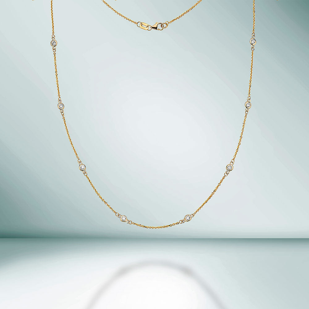 12 Stone Diamond By The Yard Necklace, Bezel Set Diamond Station Necklace in 14K Gold