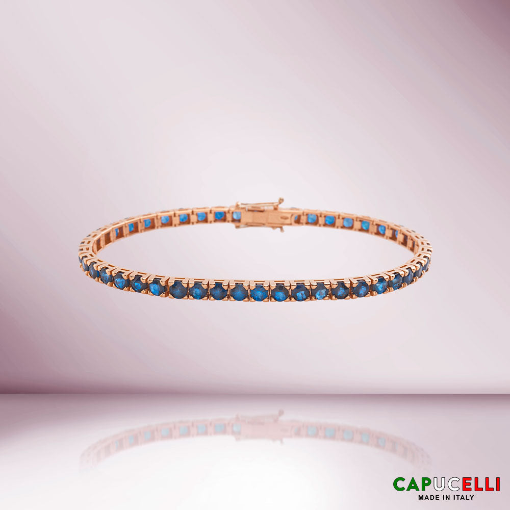 Blue Heat-Diffused Sapphire Tennis Bracelet (10.15 ct.) 4-Prongs Setting in 18K Gold, Made in Italy