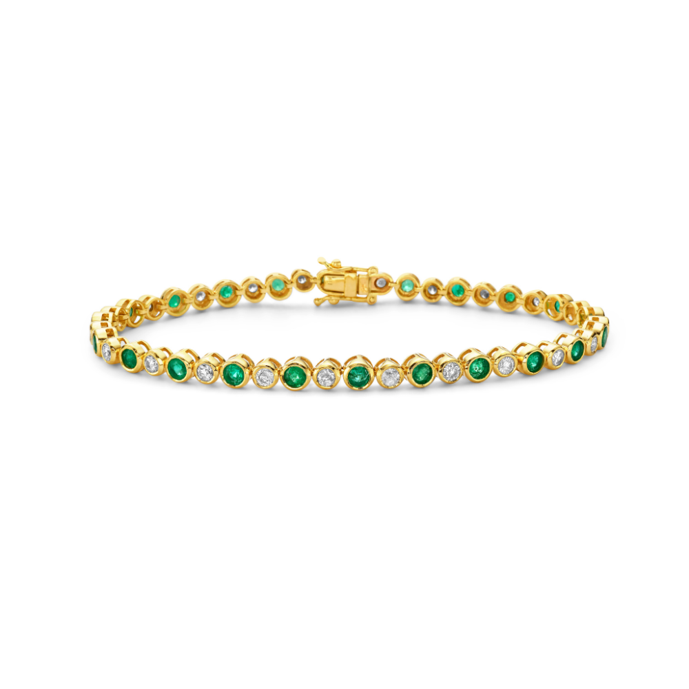Alternate Round Diamonds & Emerald Tennis Bracelet (4.00 ct.) Bezel Setting in 14K Gold