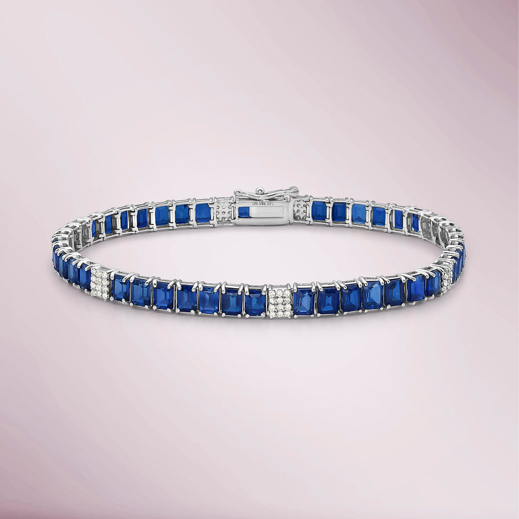Alternate Emerald Cut Blue Sapphires & Diamonds Tennis Bracelet (11.50 ct.) 4-Prongs Setting in 14K Gold