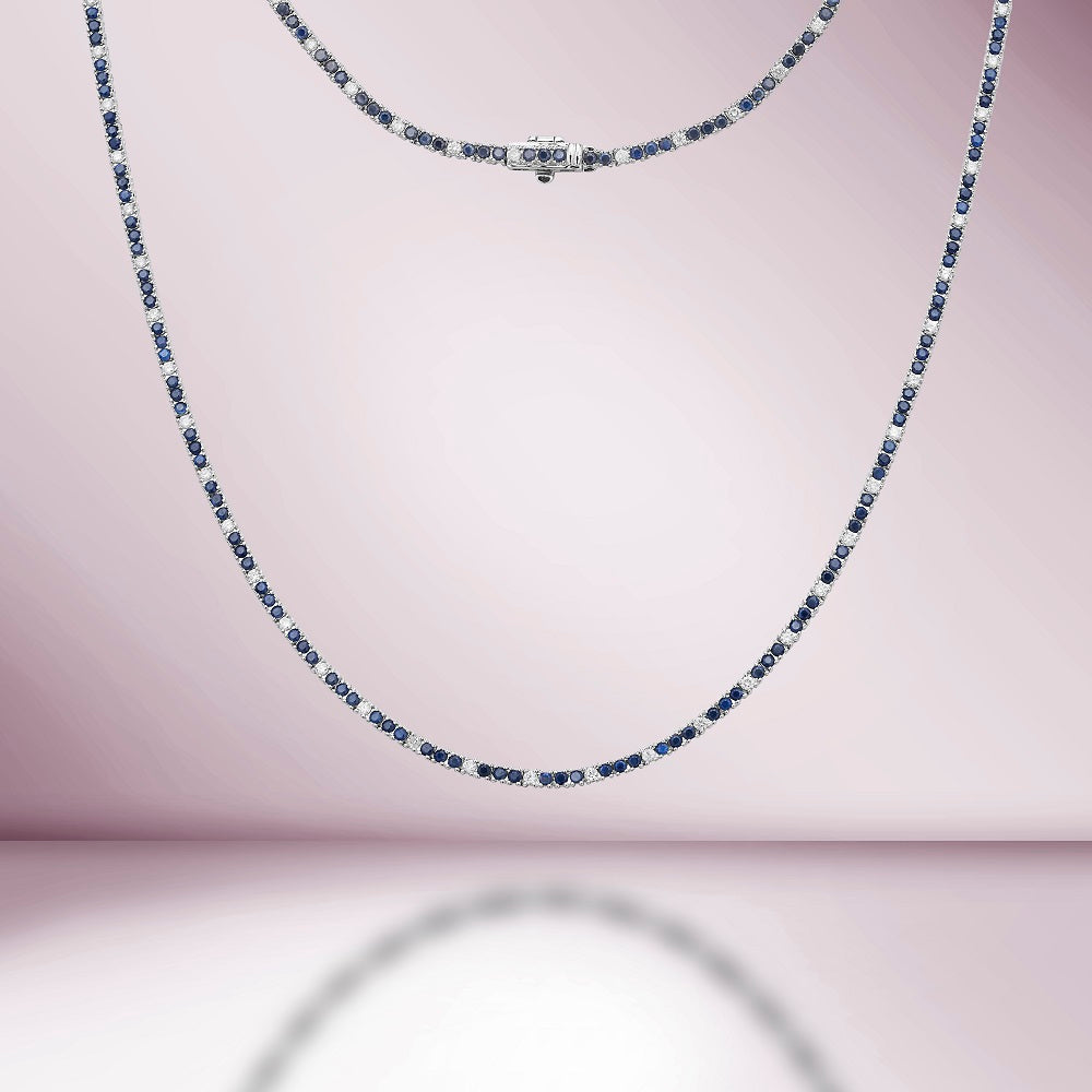 Alternate Diamond & Blue Sapphire Tennis Necklace (5.50 ct.) 3 mm 4-Prongs Setting in 14K Gold