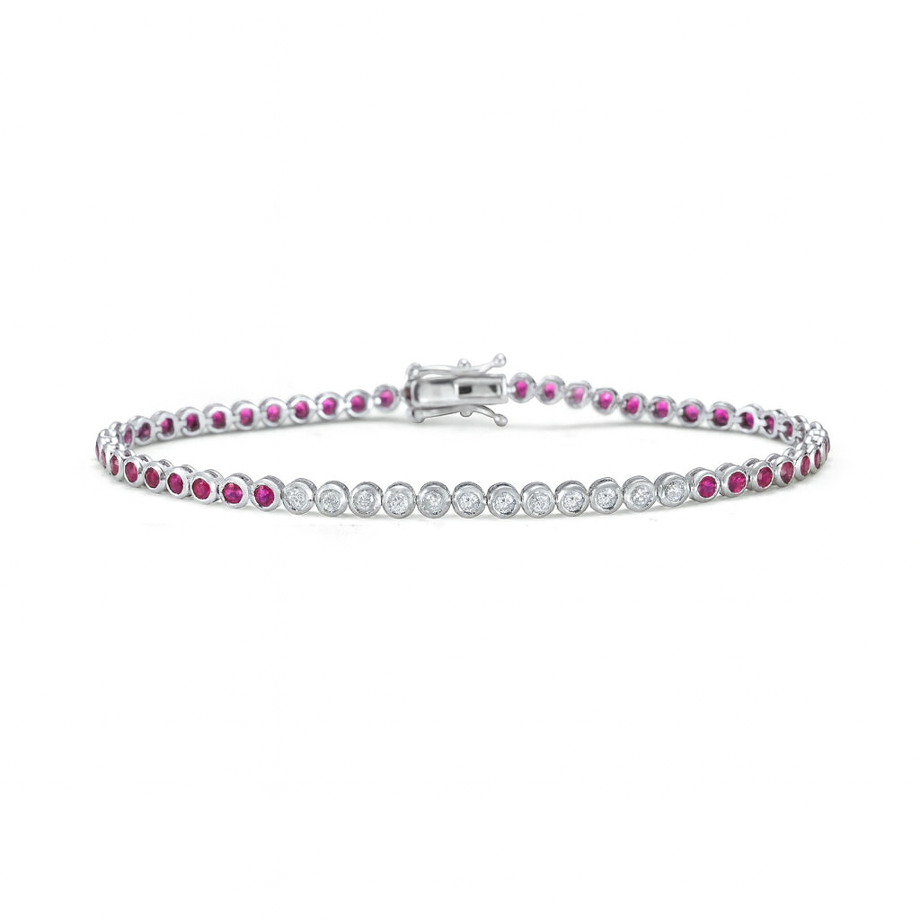 Alternate Round Diamonds & Ruby Tennis Bracelet (2.50 ct.) Bezel Setting in 14K Gold