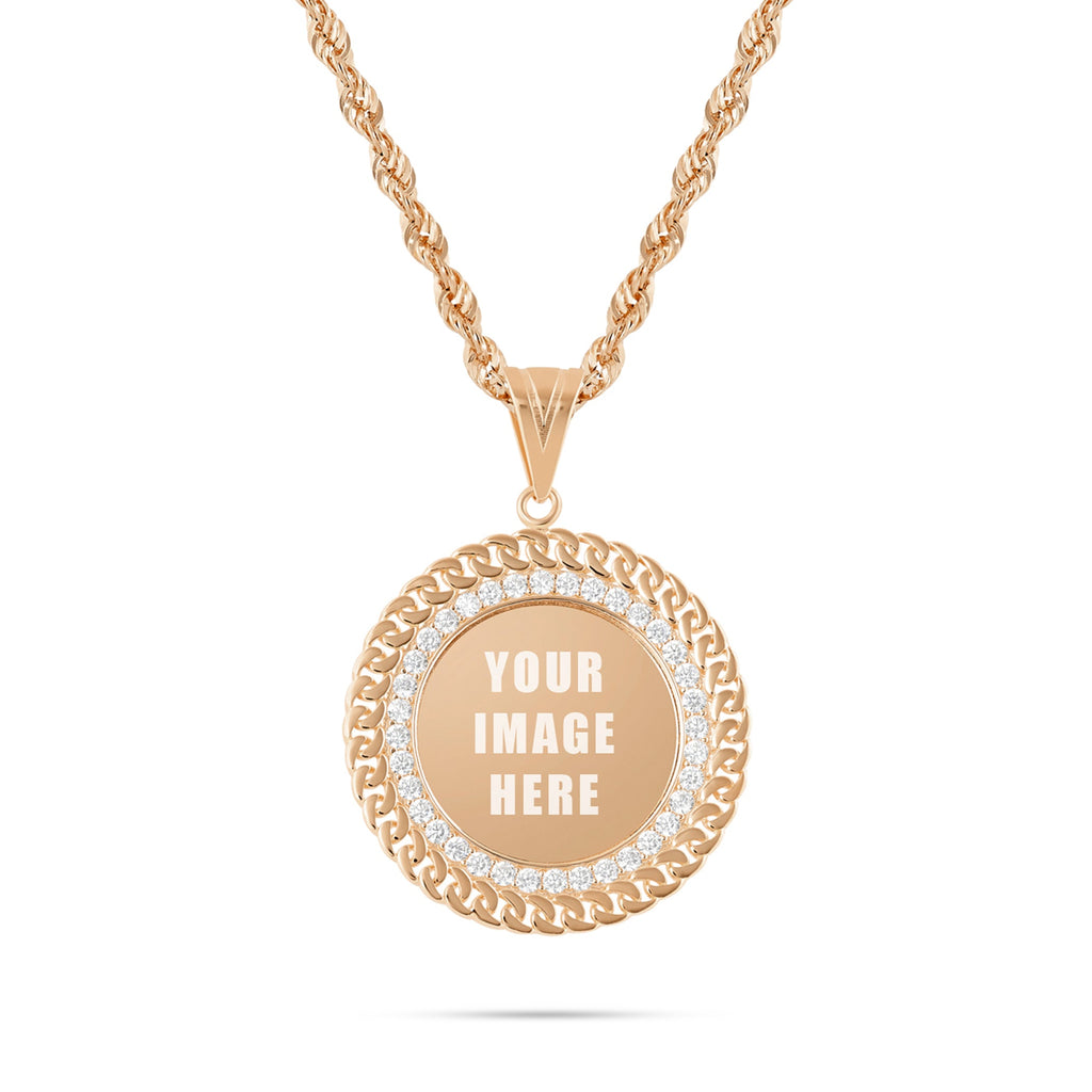 14K Gold Cuban Border Picture Pendant with Cubic Zirconia