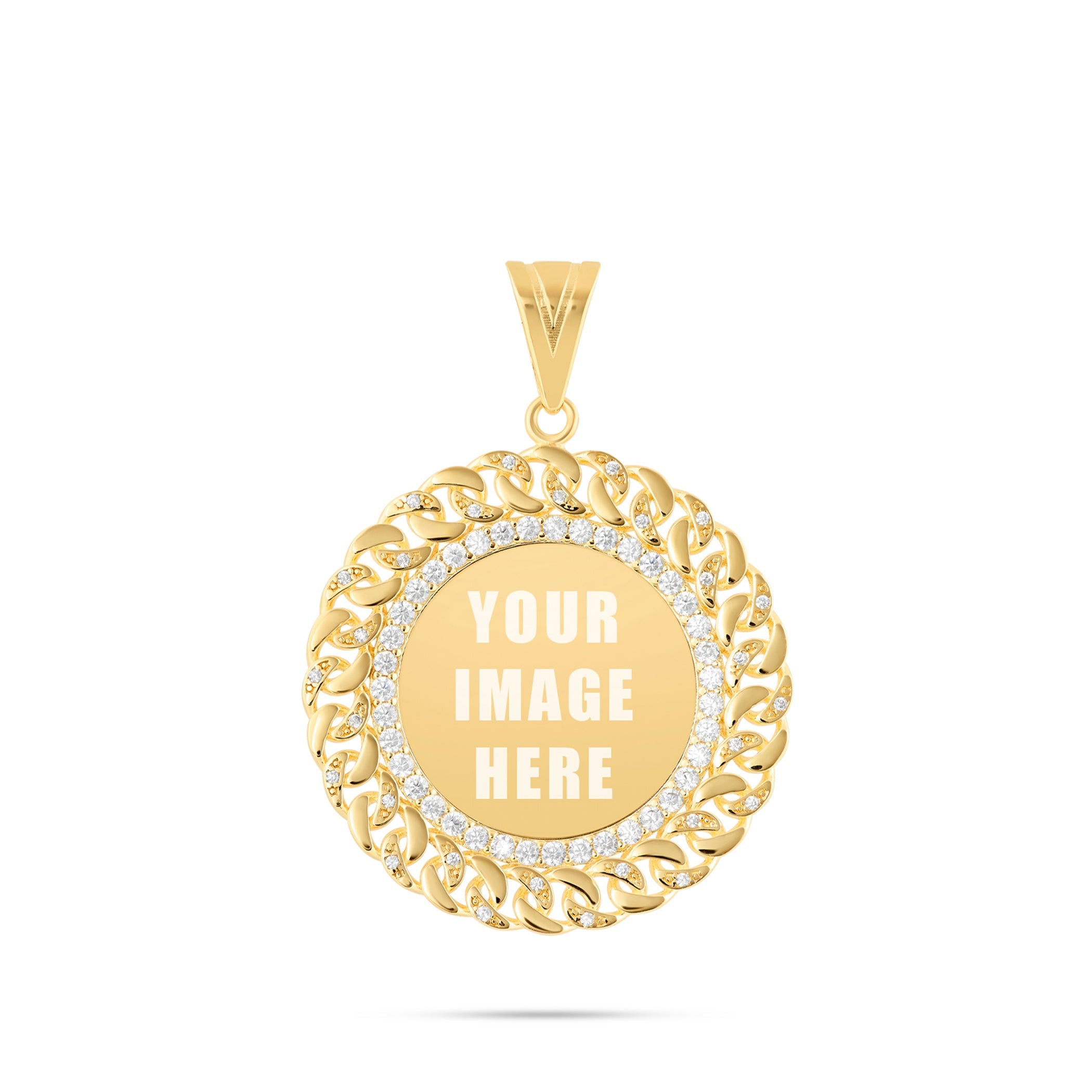 14K Gold Medium Cuban Border Picture Pendant with Cubic Zirconia