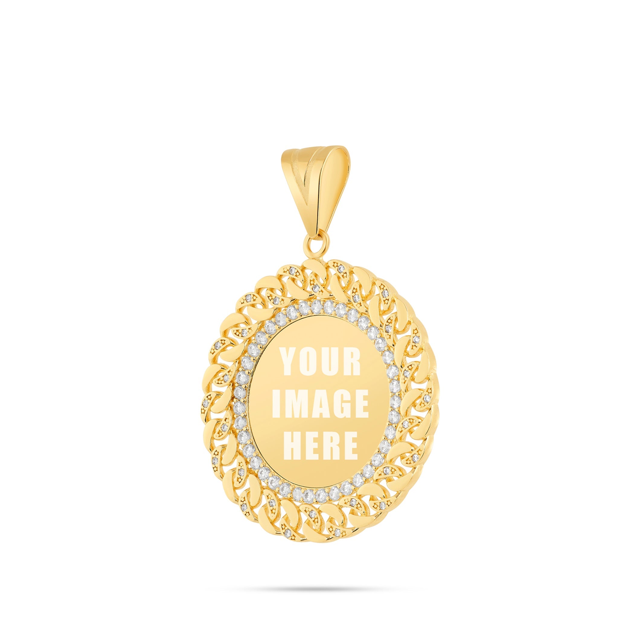 14K Gold Medium Cuban Border Picture Pendant with Cubic Zirconia