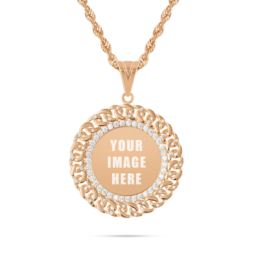 14K Gold Medium Cuban Border Picture Pendant with Cubic Zirconia
