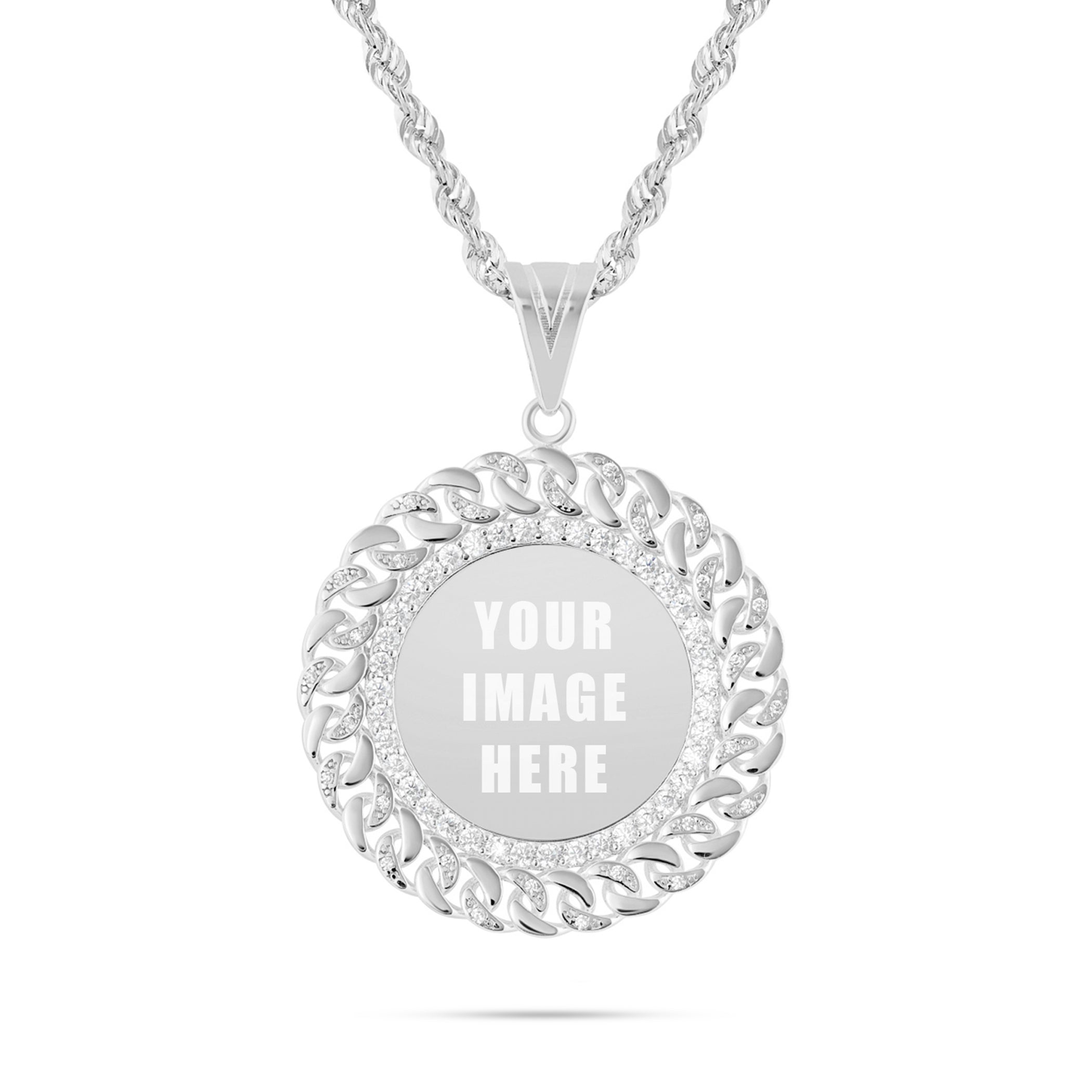 14K Gold Medium Cuban Border Picture Pendant with Cubic Zirconia