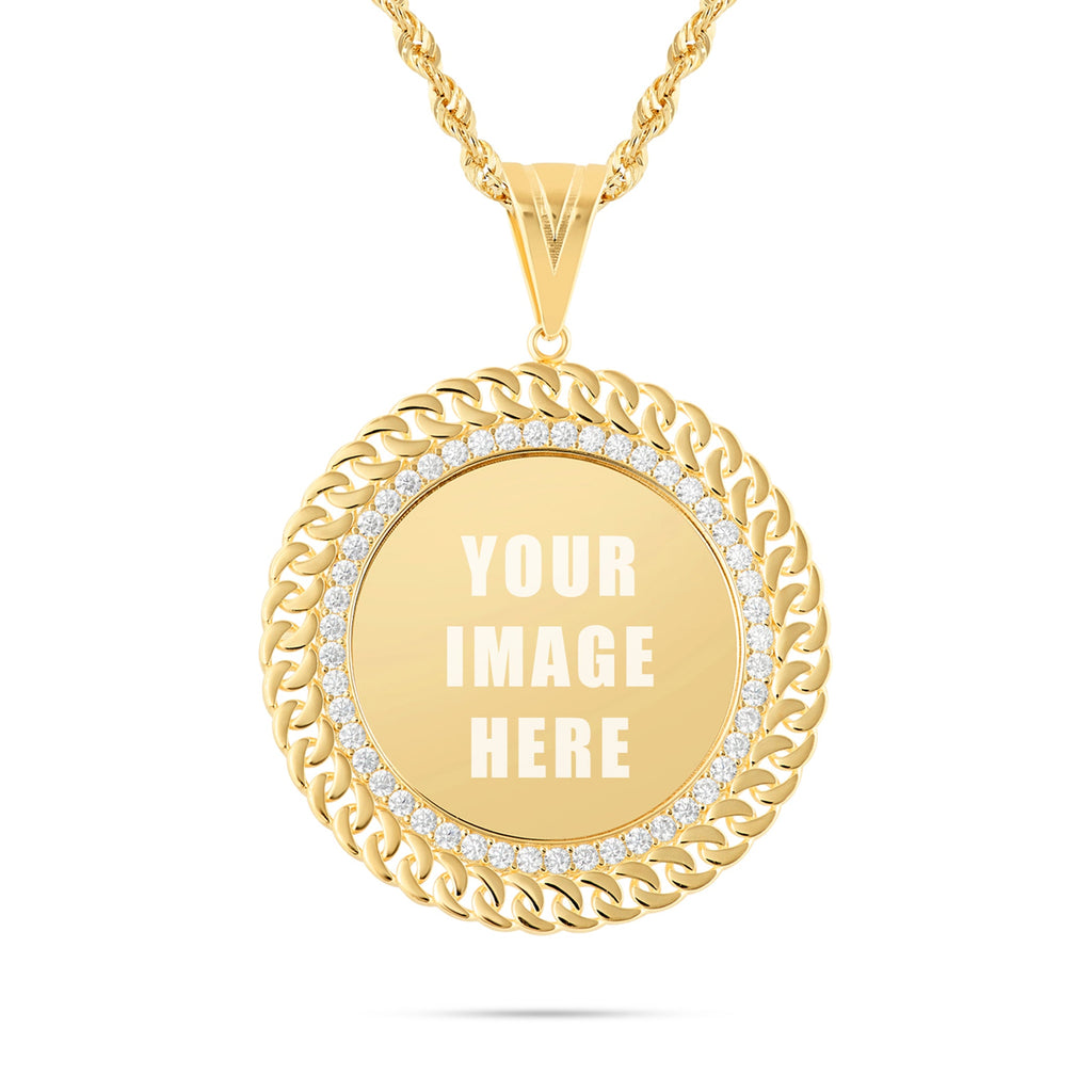 14K Gold Large Cuban Border Picture Pendant with Cubic Zirconia