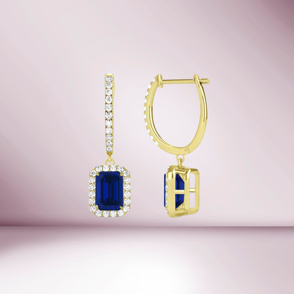 Diamond Hoop & Dangle Emerald Cut Blue Sapphire With Diamond Halo Earrings (1.90 ct.) in 14K Gold
