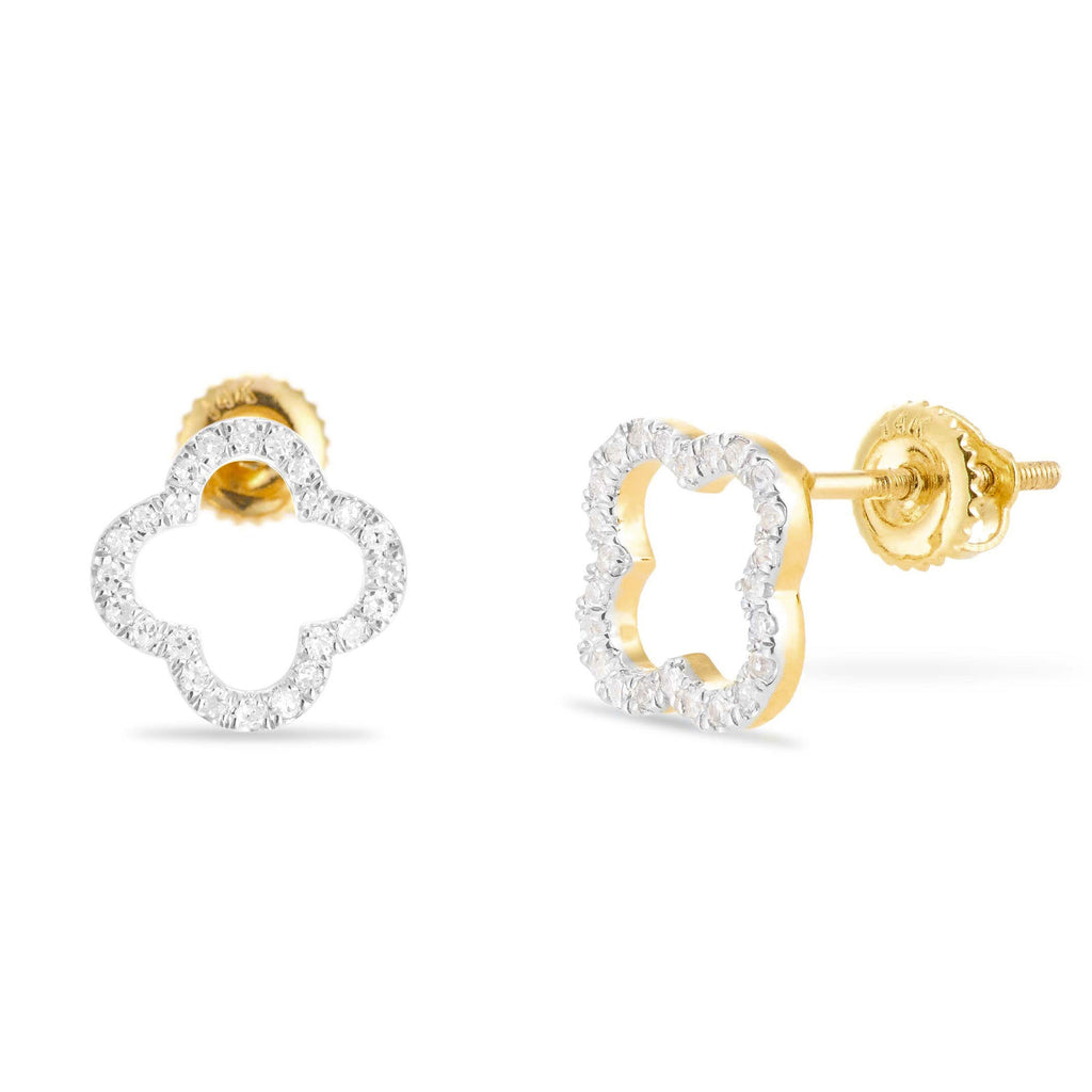 14K Gold .20CT Diamond Clover Flower Stud Earrings