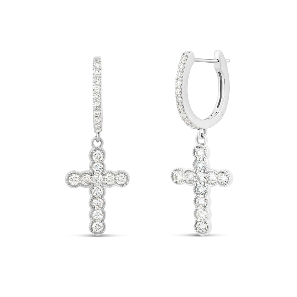 14k Gold Cross Diamond Huggie Earrings