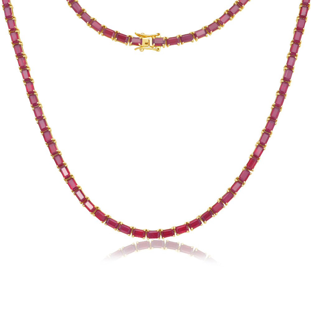 East West Ruby Emerald Cut Tennis Necklace (33.00 ct.) 4-Prongs Setting in 14K Gold