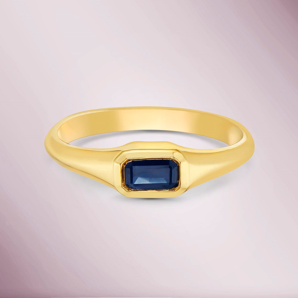 Ready to Ship Emerald Cut Blue Sapphire Solitaire Ring (0.38 ct.) Bezel Set in 14K Gold