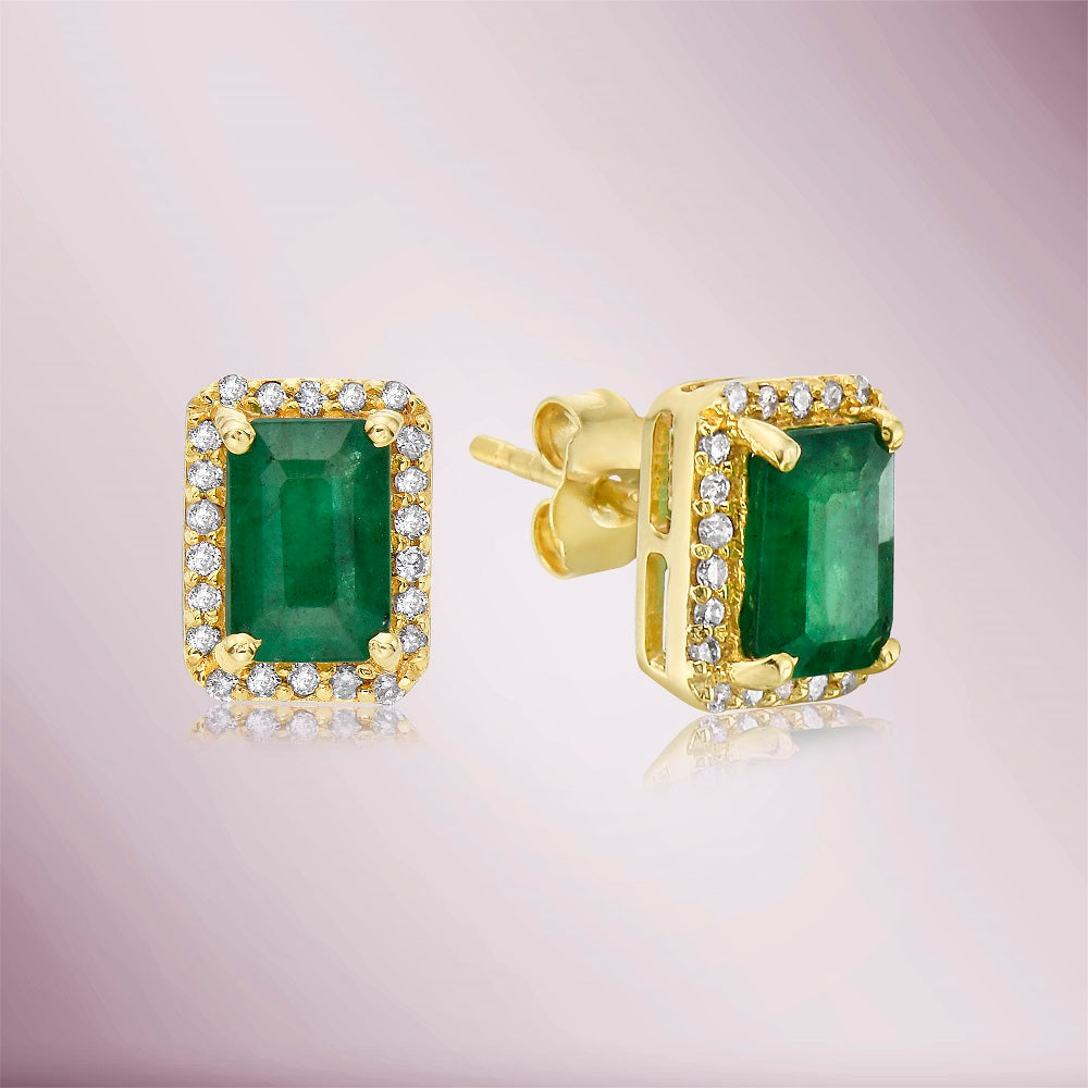 Ready to Ship Emerald Cut Emerald With Diamond Halo Earrings (1.31 ct.) in 14K Gold