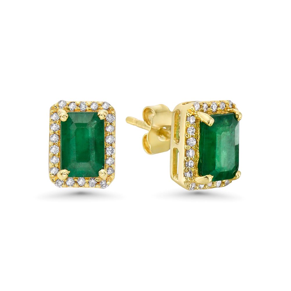 Ready to Ship Emerald Cut Emerald With Diamond Halo Earrings (1.31 ct.) in 14K Gold