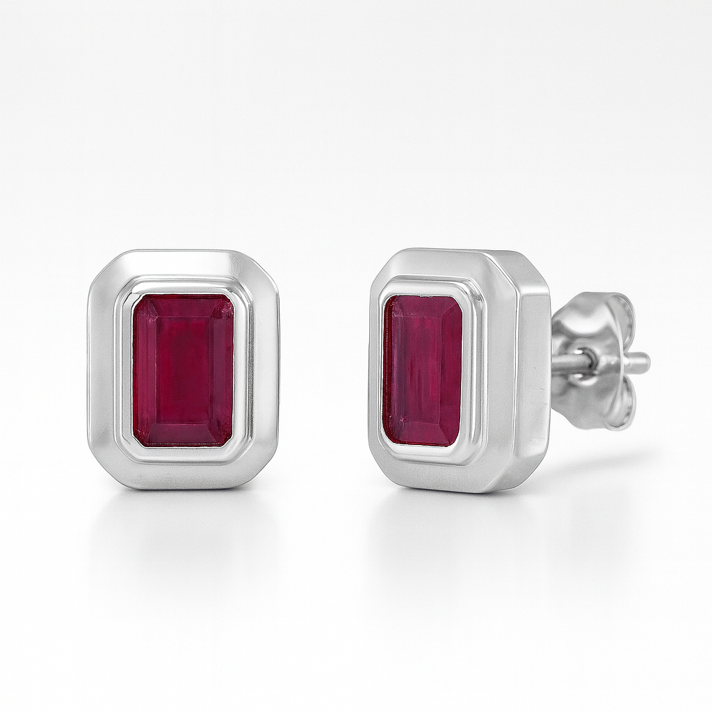 Emerald Cut Ruby Studs Bezel Setting Earrings (1.75 ct.) in 14K Gold
