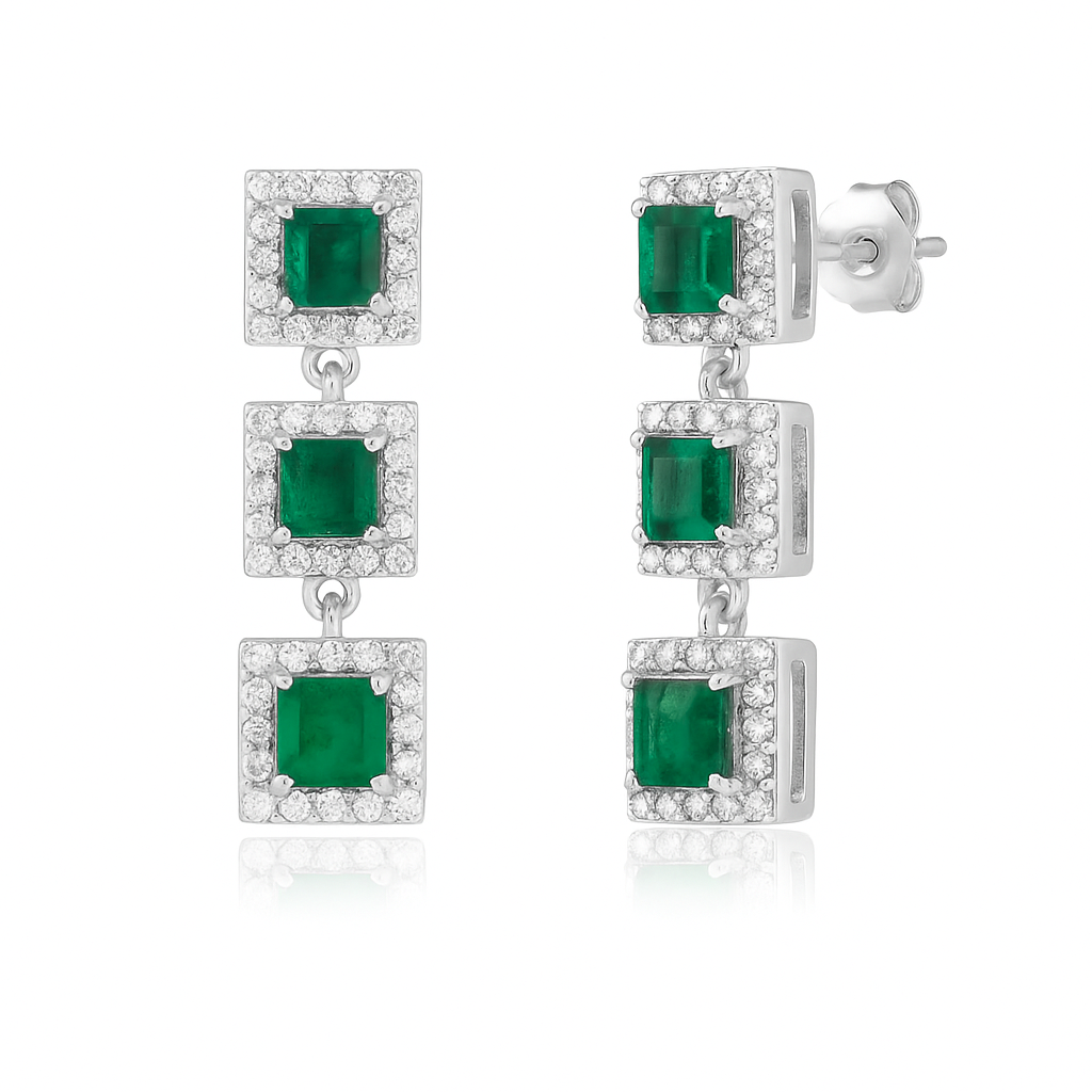 Emerald Princess Cut With Diamond Halo Drop Earrings (1.45 ct.) in 14K Gold