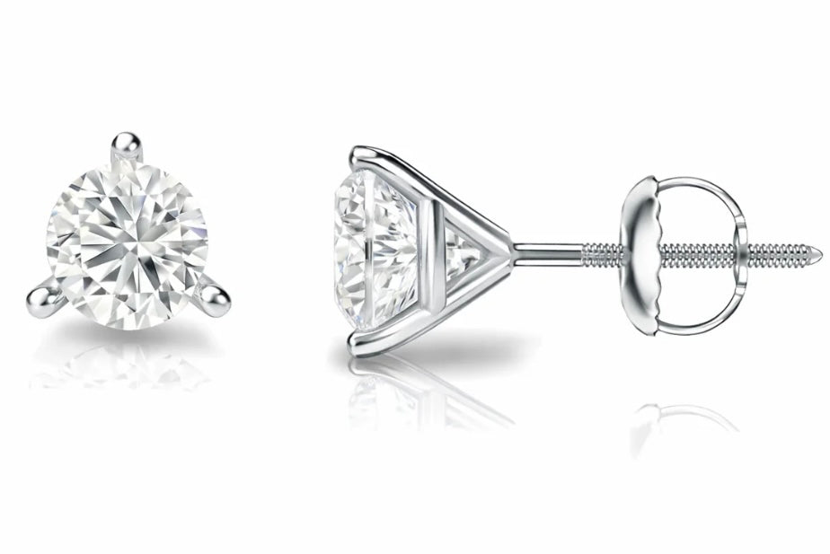 2ct Lab-Created Diamond Earring Studs in 14k White Gold – Martini 3-Prong with Threaded Backs