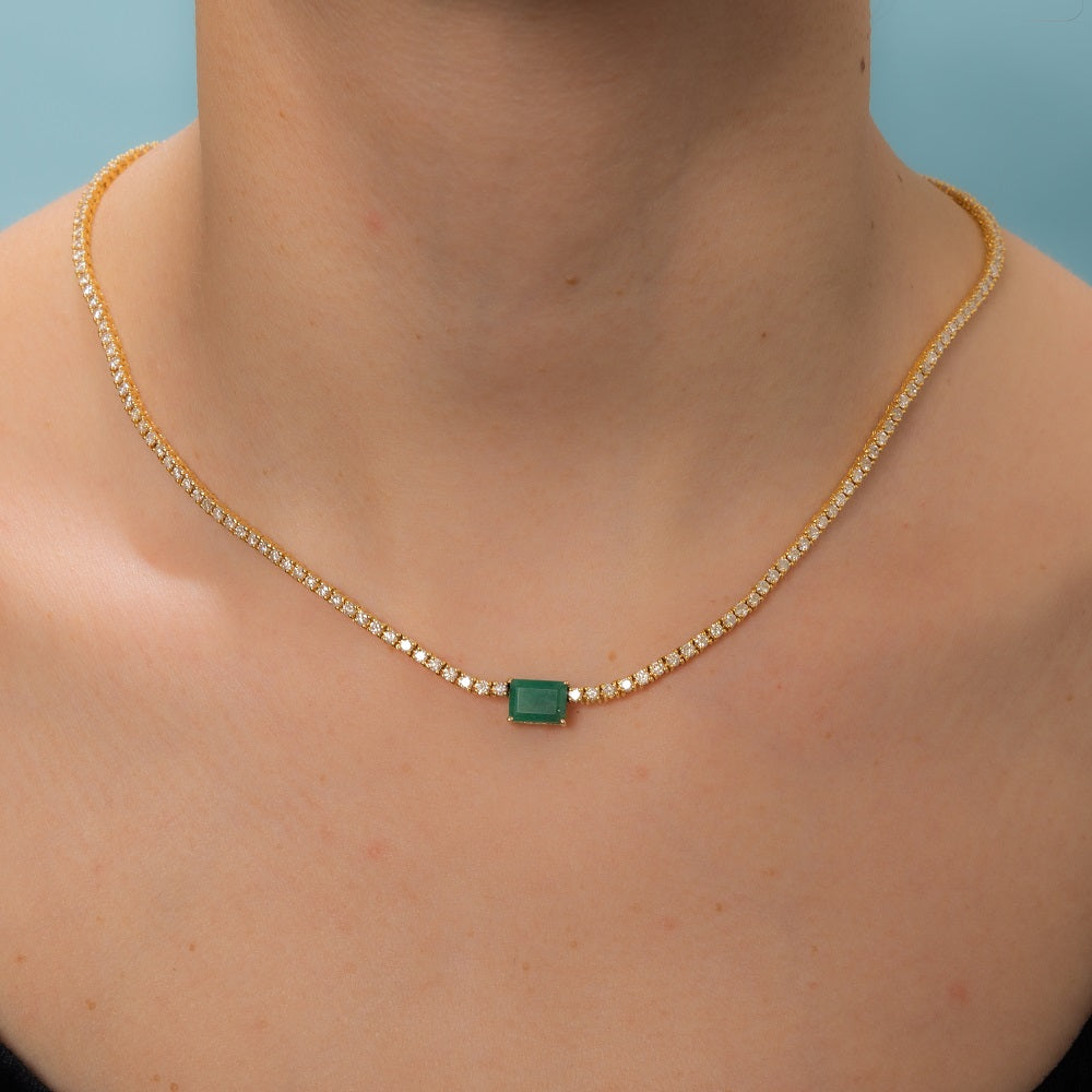 Diamond Tennis Necklace with Emerald Cut Emerald 7.20x5mm (5.50 ct.) 2 mm 4-Prongs Setting  in 14K Gold
