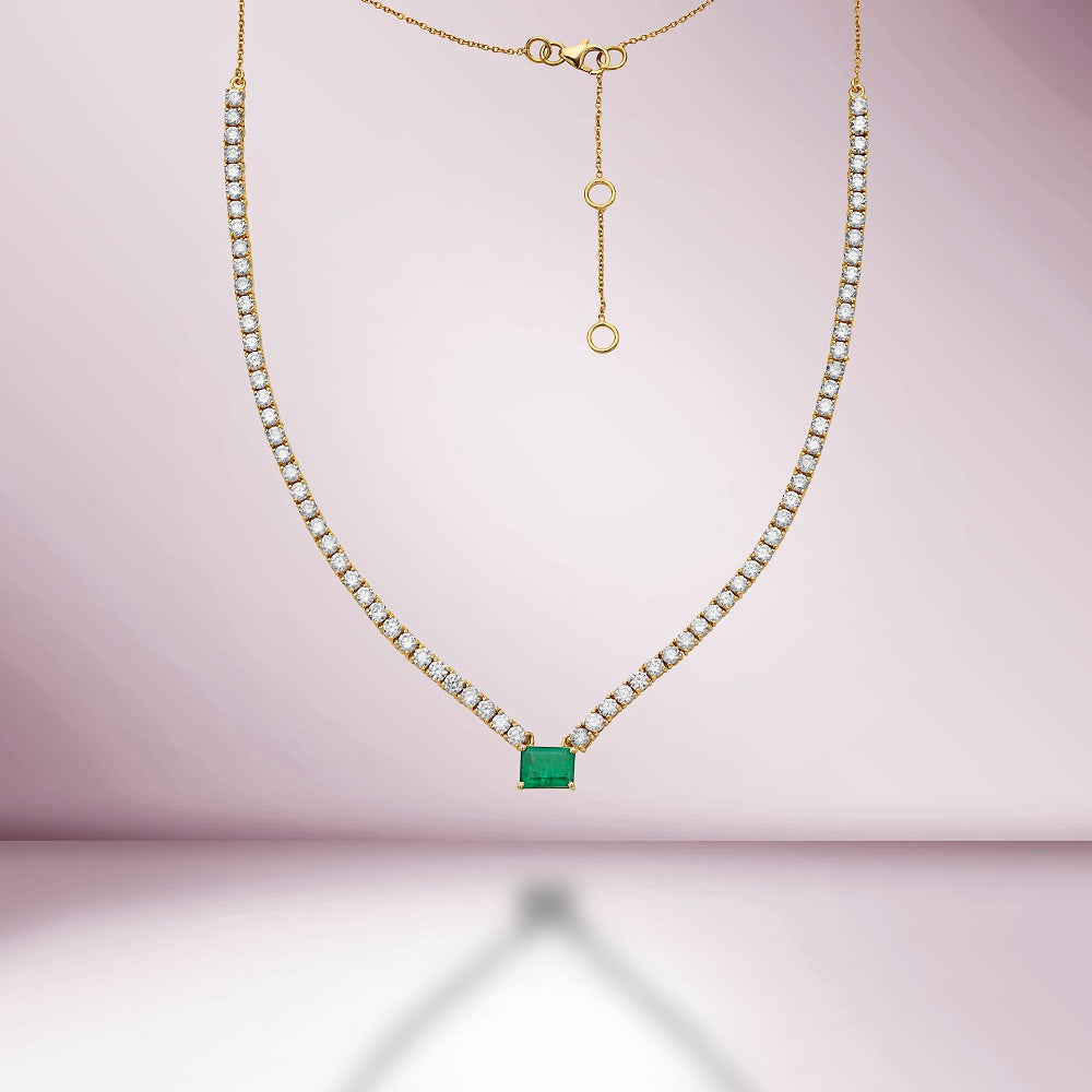 HalfWay Diamond Tennis Necklace With Emerald Cut Emerald (7.50 ct.) 2 mm 4-Prongs Setting  in 14K Gold