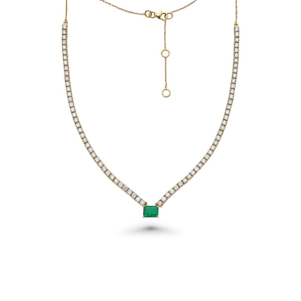 HalfWay Diamond Tennis Necklace With Emerald Cut Emerald (7.50 ct.) 2 mm 4-Prongs Setting  in 14K Gold