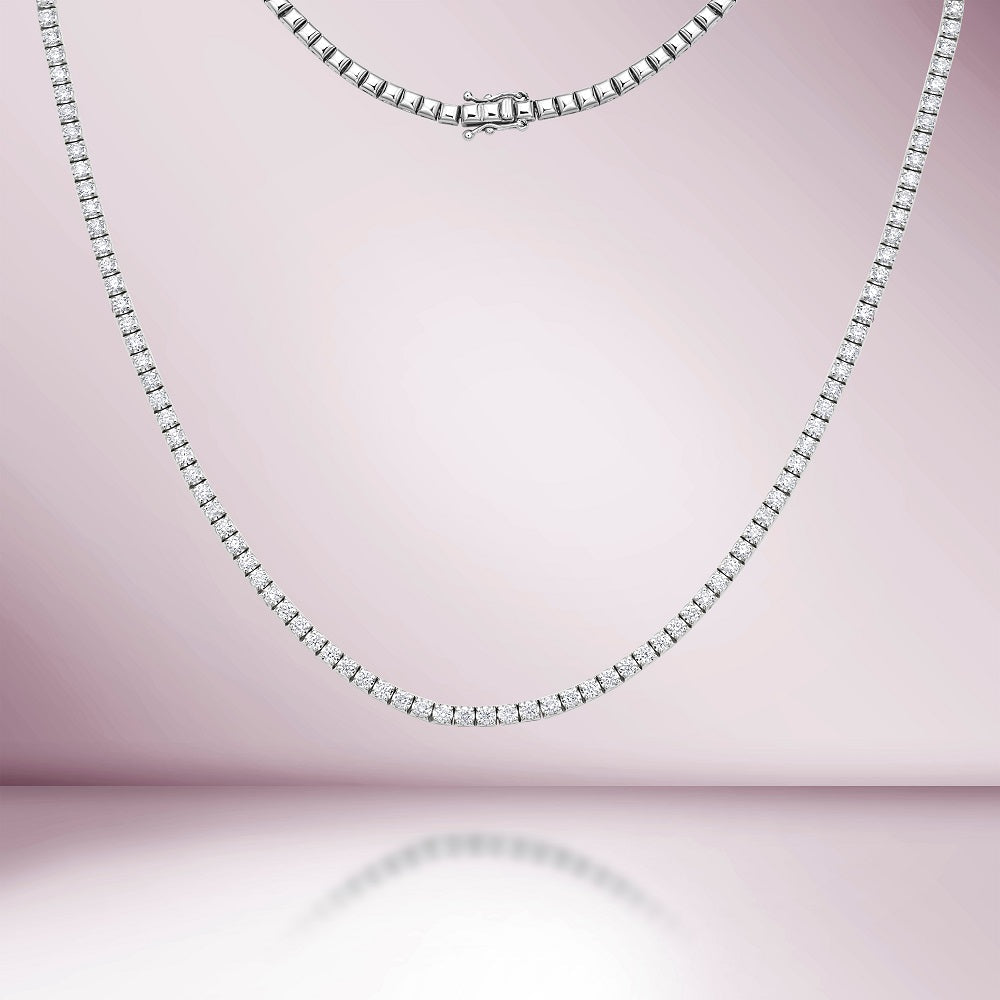 Three Quarters Diamond Tennis Necklace (5.15 ct.) 2.4 mm Tiger Eye 4-Prongs Setting in 14K Gold