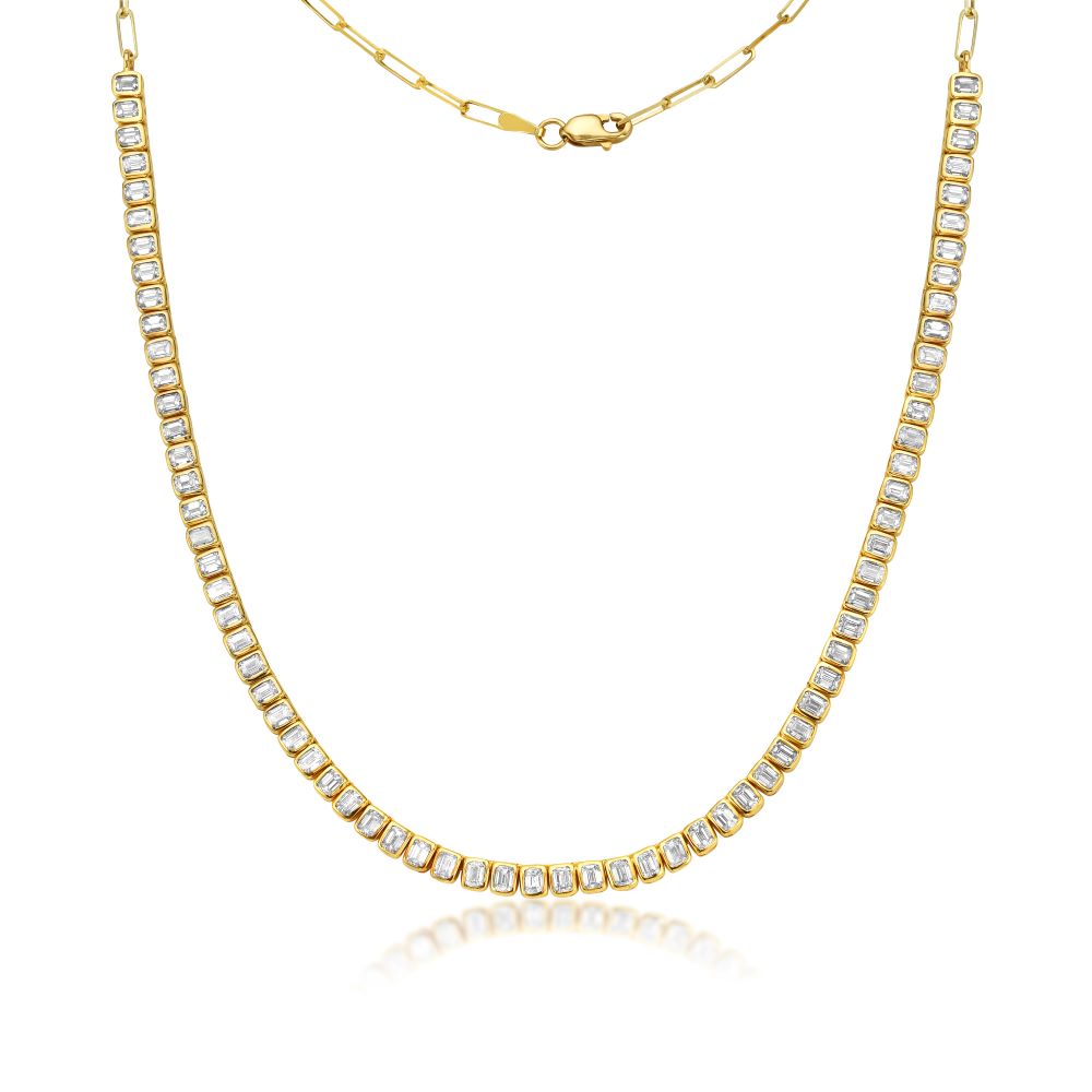 Half Way Emerald Cut Diamond Tennis Necklace & Half Paperclip Chain (4.00 ct.) Bezel Set in 18K Gold