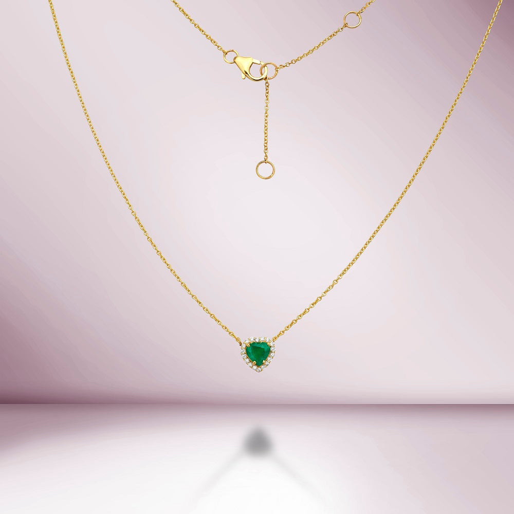 Heart Shape Emerald With Diamond Halo Necklace (0.96 ct.) in 14K Gold