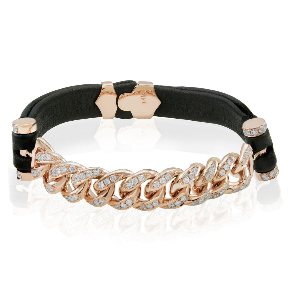 14k Rose Gold 1.25ct Diamond Leather Cuban Link Bracelet