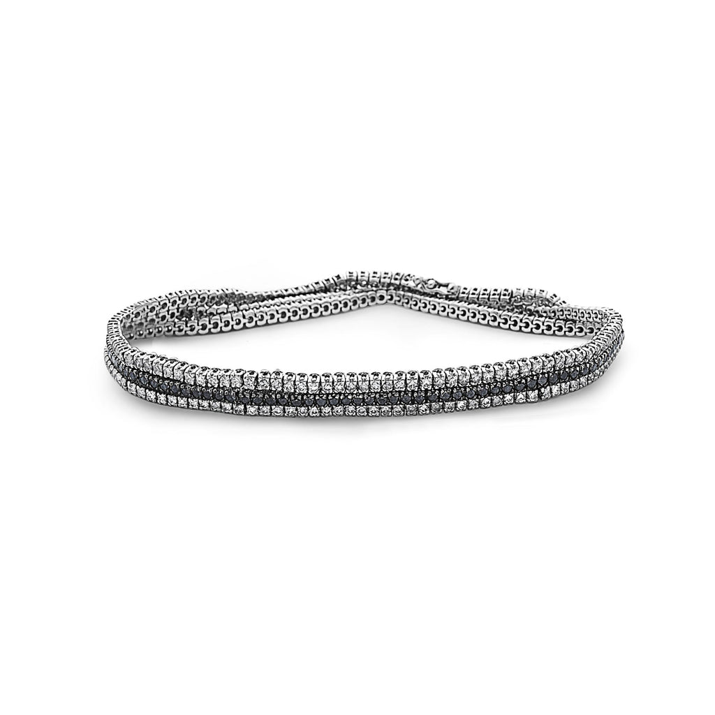Ready to Ship 3 Rows Round Cut Black & White Diamond Tennis Bracelet (4.05 ct.) in 18K Gold, Made in Italy