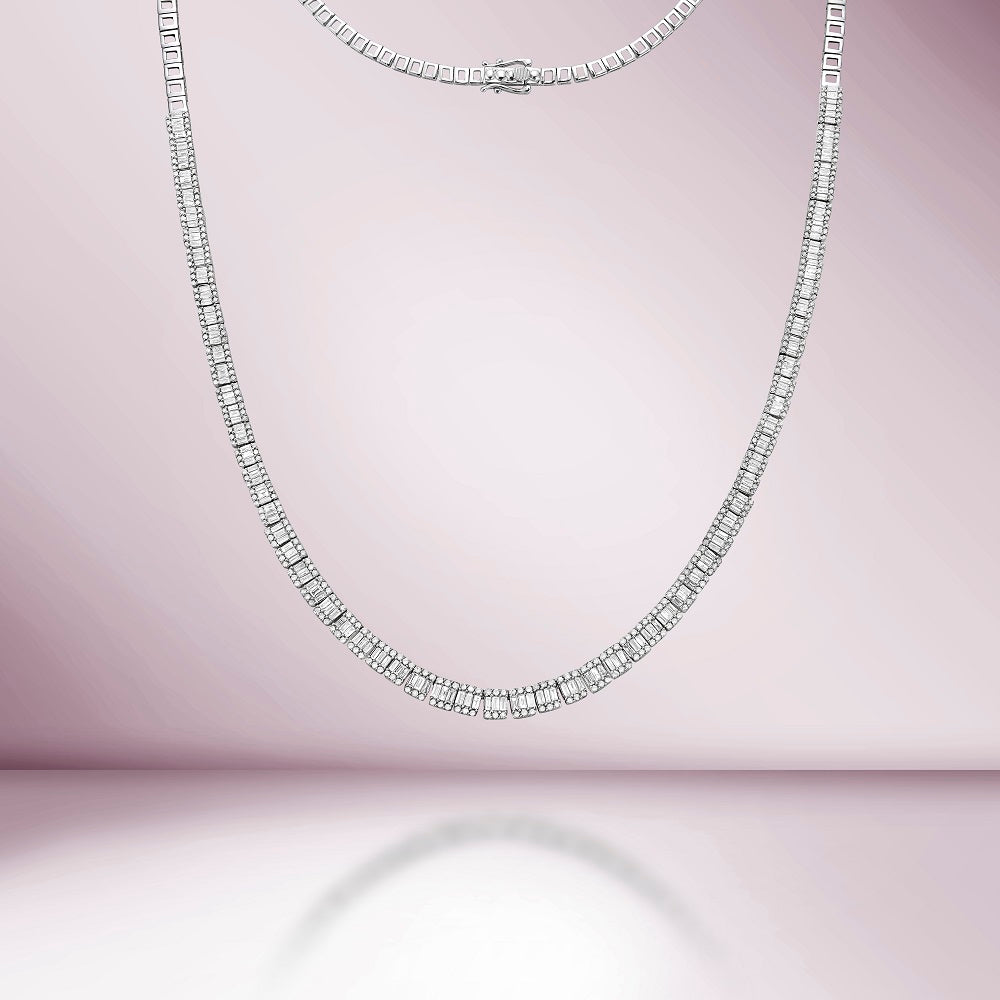 Halfway Graduated Baguette & Round Diamond Tennis Necklace (5.25 ct.) in 14K Gold