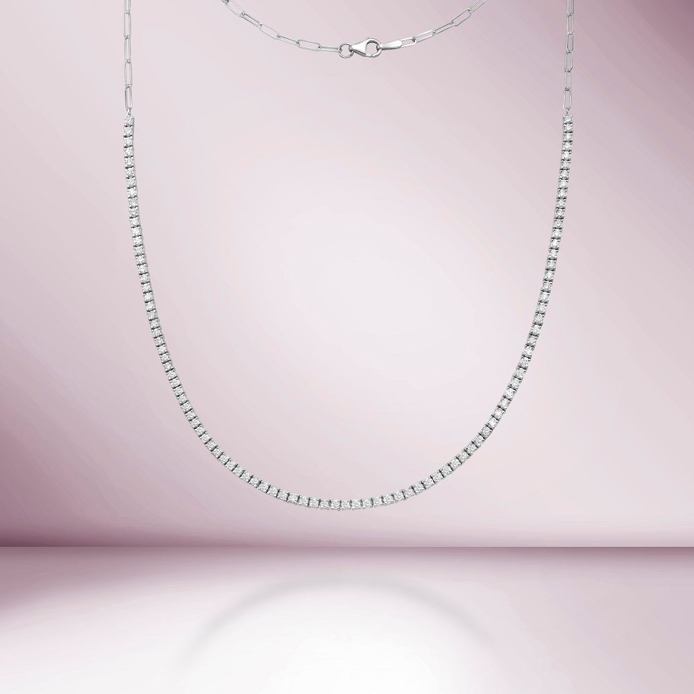 HalfWay Diamond Tennis Necklace & Half Paperclip Chain ( 2.50 ct.) 4-Prongs Setting in 14K Gold