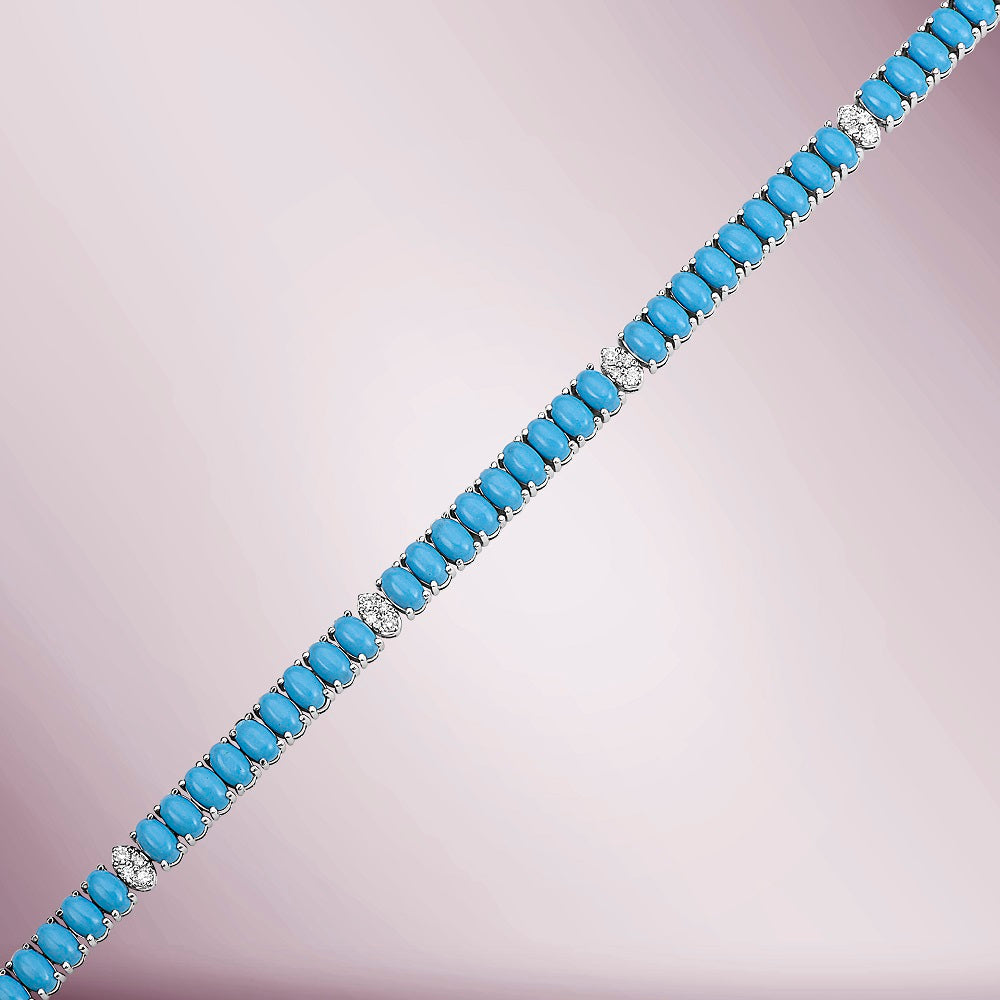 Diamond & Oval Turquoise Tennis Bracelet ( 8.20 ct.) 4-Prongs Setting in 14K Gold