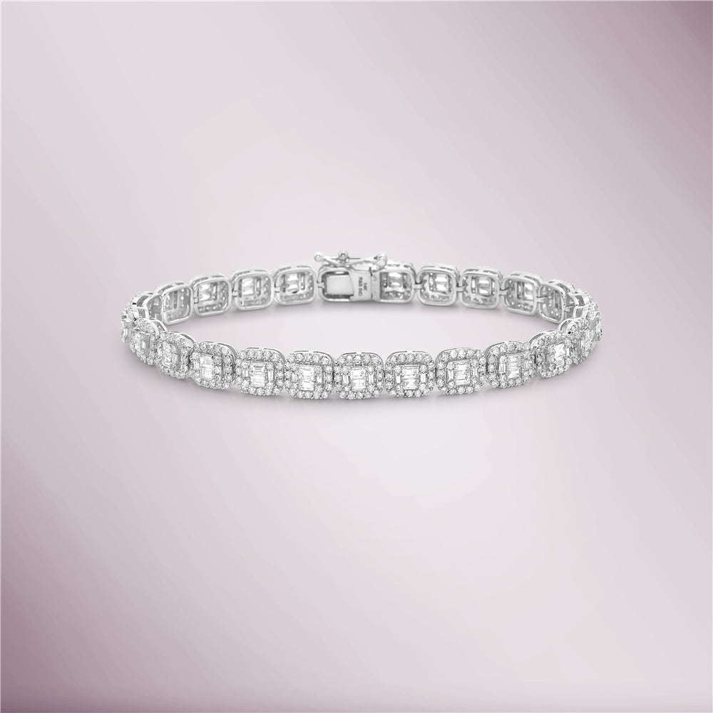 Round & Baguette Diamond Halo Rectangular Shape Tennis Bracelet ( 5.00 ct.) in 14k Gold