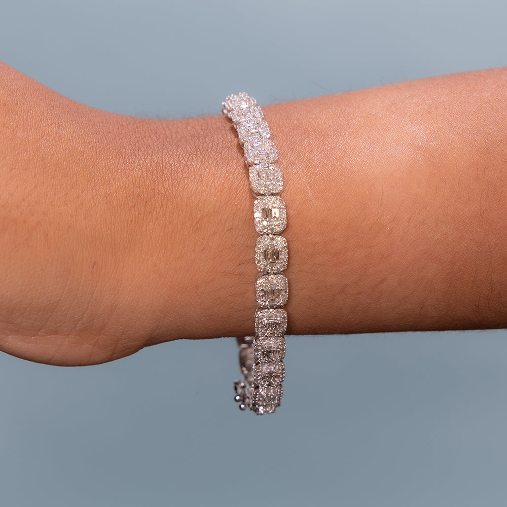 Ready to Ship Round & Baguette Diamond Halo Rectangular Shape Tennis Bracelet ( 5.00 ct.) in 14k Gold