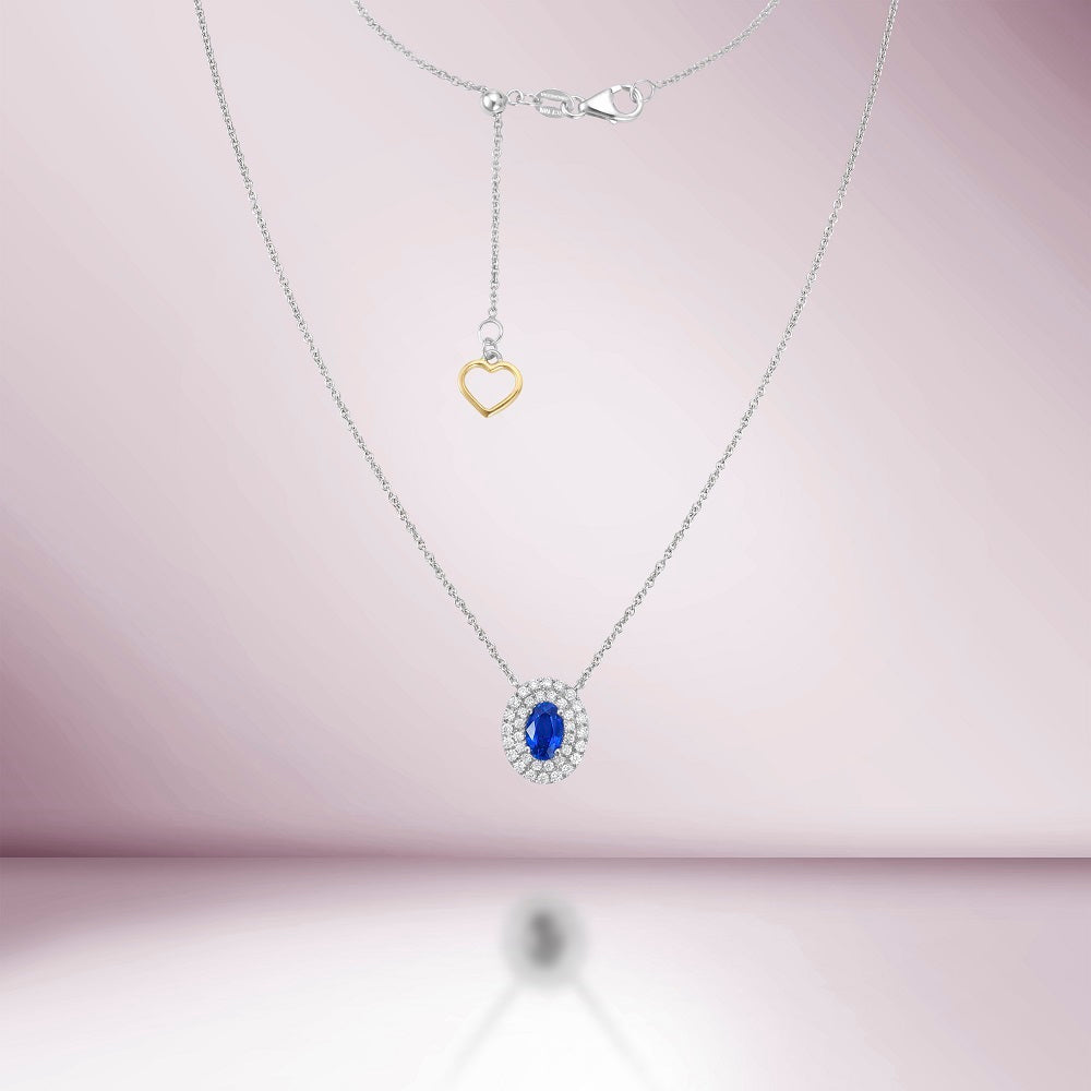 Oval Blue Sapphire With Diamond Double Halo Necklace (0.73 ct.) in 18K Gold