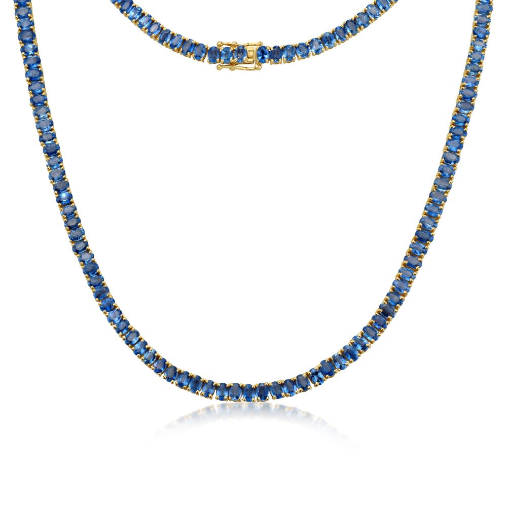 Oval Shape Blue Sapphire Tennis Necklace (29.20 ct.) 4-Prongs in 14K Gold