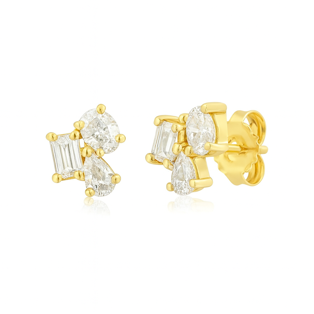 Oval, Pear & Emerald Cut Diamond Cluster Stud Earrings (0.75 ct.) in 14K Gold