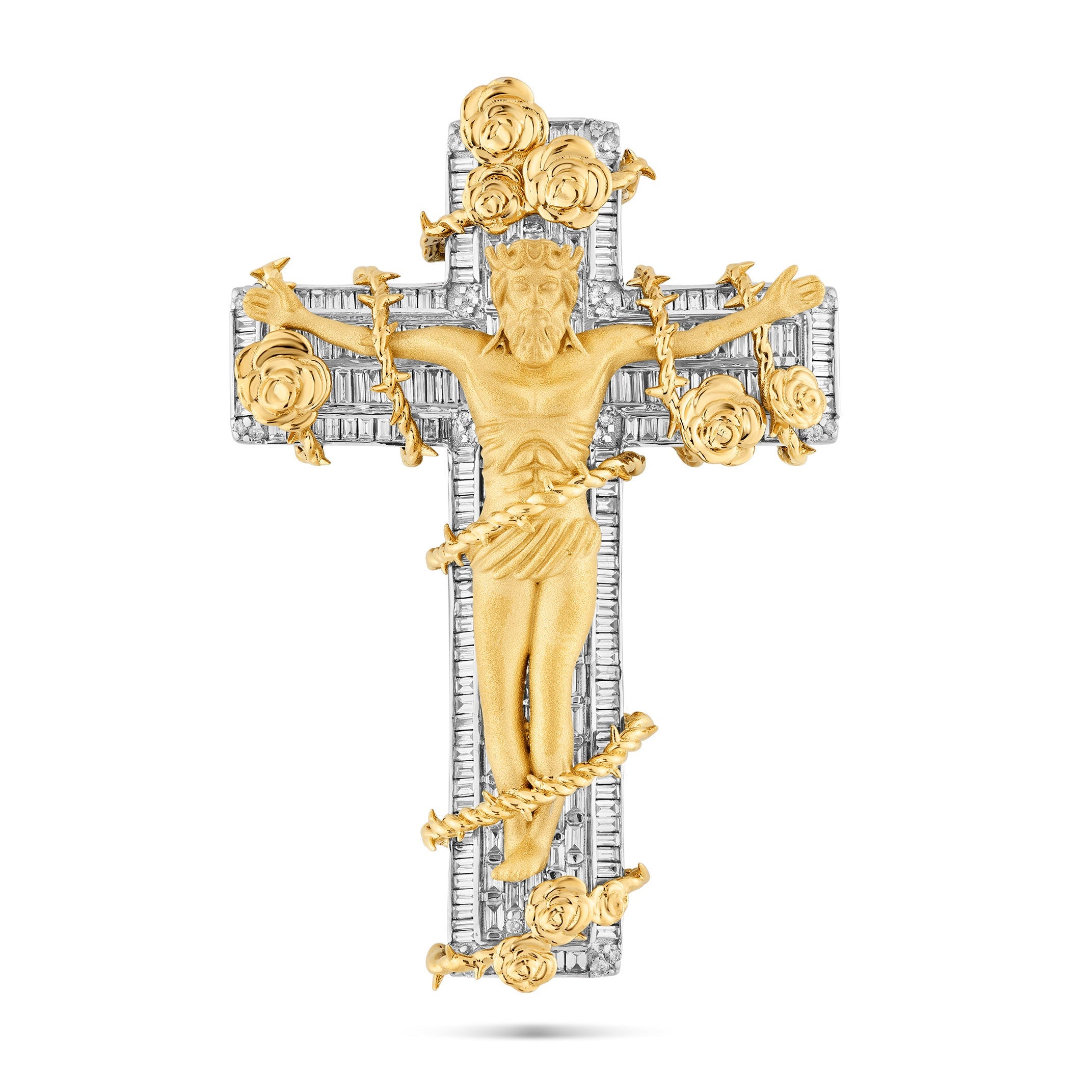 Two-Tone 10K Gold with Emerald Cut Diamond Crucifix Pendant