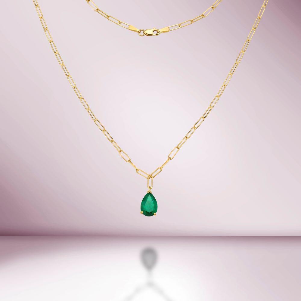 Pear Shape Genuine Emerald Pendant Necklace With Paper Clip Chain in 14K Gold